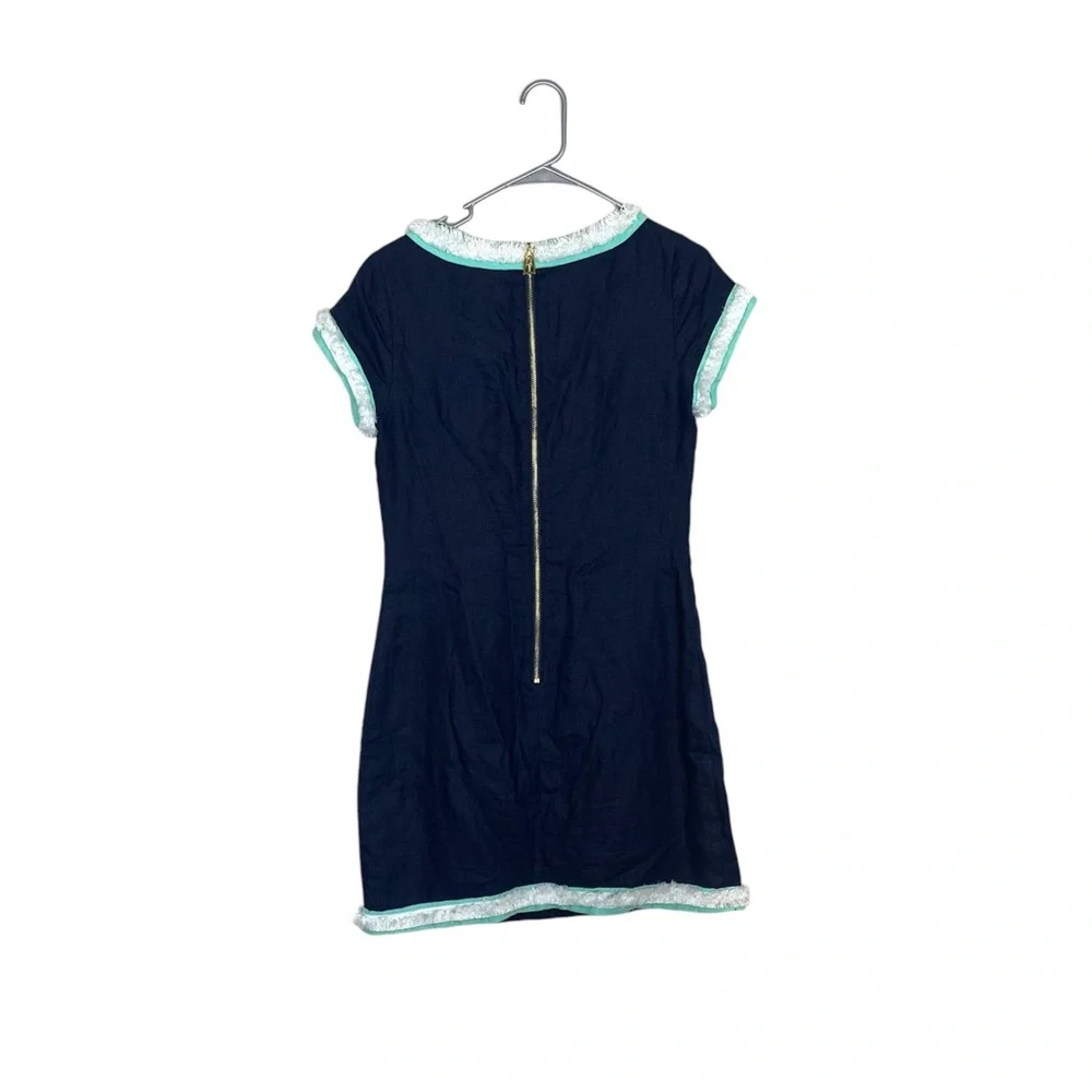 STS Sail to sable navy Linen Shift Dress with Fringe Trim size 6 cruise nautical - Picture 8 of 9